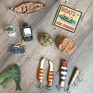 Nautical Fishing Ornament Set with Green and Brown Accents